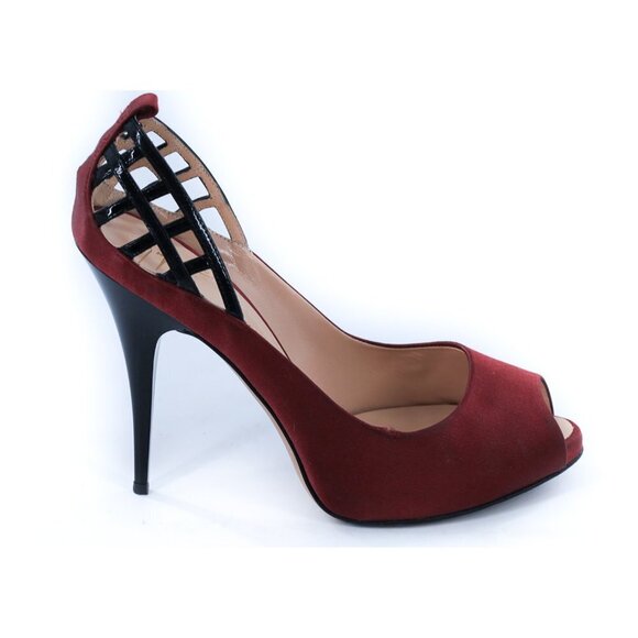 GIUSEPPE ZANOTTI Burgundy Caged Satin Peep Toe Pumps Heels - Picture 1 of 11